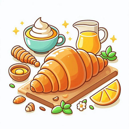 Coffee, croissant and orange. Vector illustration.のイラスト素材