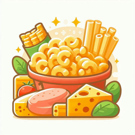 Vector illustration of macaroni in bowl with cheese and tomato.のイラスト素材