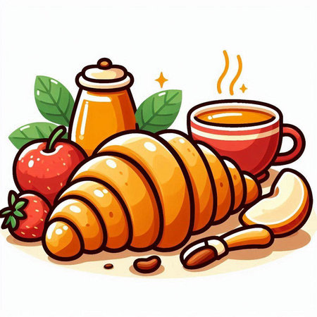Breakfast with coffee and croissant. Vector cartoon illustration.のイラスト素材