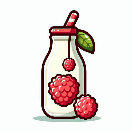 Raspberry milk in a bottle with a straw. Vector illustration.のイラスト素材