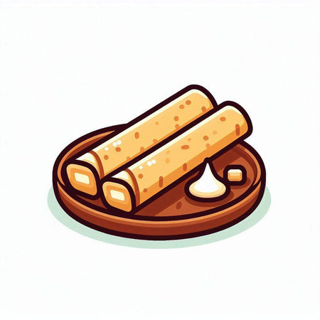 Crispy wafer rolls on wooden plate. Vector illustration.のイラスト素材