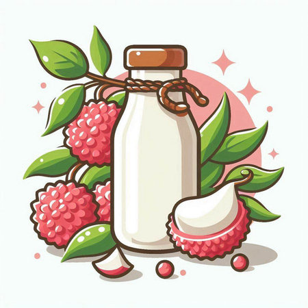 Lychee milk in glass bottle with fresh fruit. Vector illustration.のイラスト素材