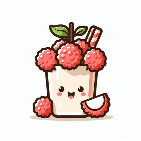 Cute raspberry smoothie cartoon character. Vector illustration isolated on white.のイラスト素材