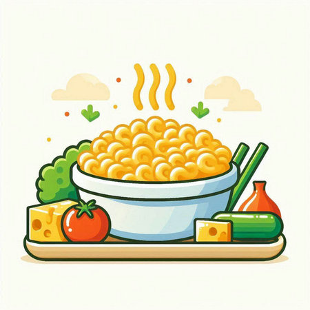 Illustration of a bowl of pasta and vegetables on a white backgroundのイラスト素材
