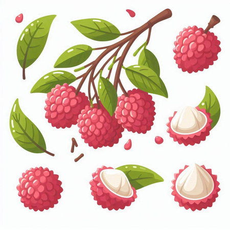 Ripe lychee fruits with green leaves. Vector illustration.のイラスト素材
