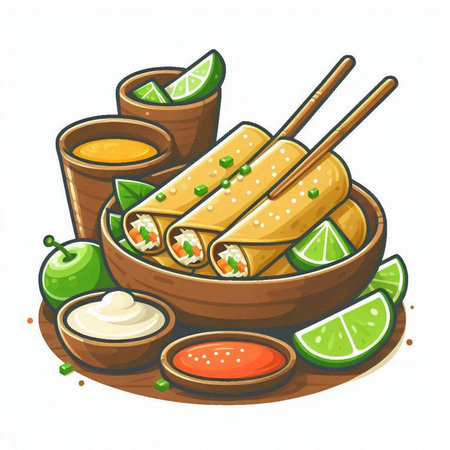 Illustration of rolls in bowl with sauce, lime and chopsticksのイラスト素材