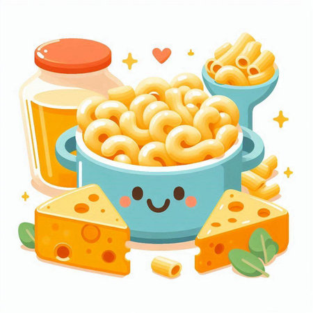 Cute cartoon macaroni and cheese in bowl. Vector illustrationのイラスト素材