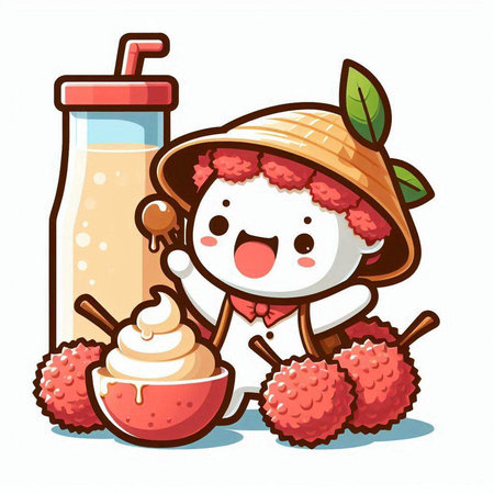 Funny cartoon character with lychee and a bottle of juiceのイラスト素材