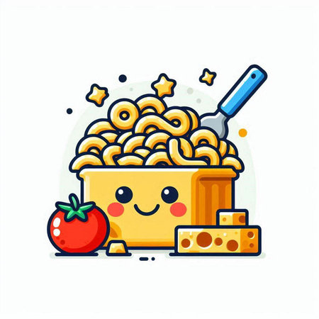 Cute macaroni box with cheese and tomato. Vector illustrationのイラスト素材