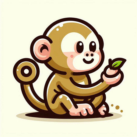 Cute monkey sitting on the ground and holding a leaf. Vector illustration.のイラスト素材