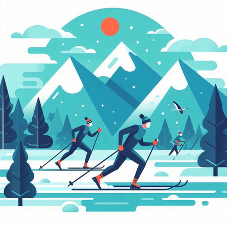 People skiing in the mountains. Vector illustration. Flat style design.のイラスト素材