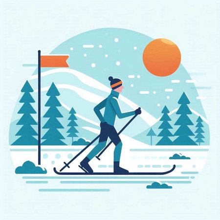 Winter sports. Man skiing in the mountains. Flat vector illustration.のイラスト素材