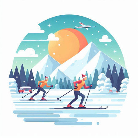 Skiing in the mountains. Vector illustration in flat style.のイラスト素材