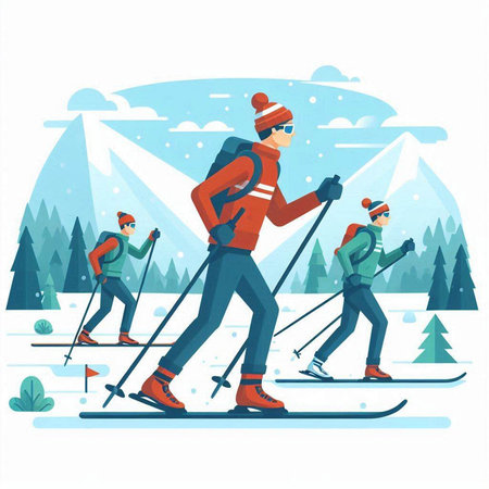Group of people skiing in winter forest. Flat style vector illustration.のイラスト素材