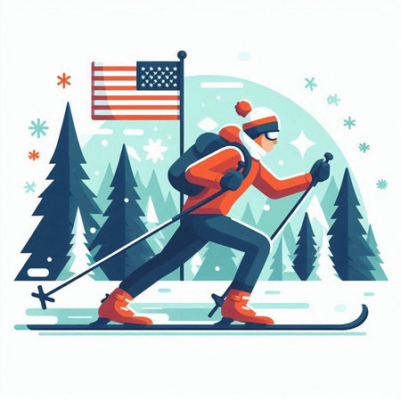 Vector illustration of a man skiing in the mountains. Winter sport.のイラスト素材