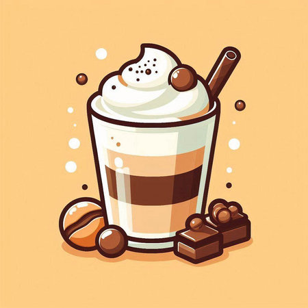 Coffee cup with whipped cream and chocolate. Vector illustration.のイラスト素材