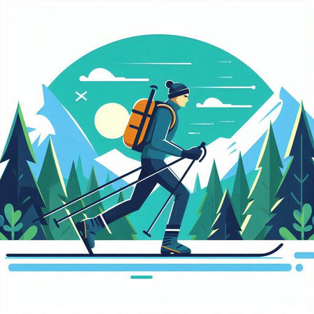 Man skiing in the forest. Vector illustration in flat design style.のイラスト素材