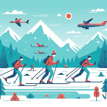 Vector illustration of people skiing in the mountains. Flat style design.のイラスト素材