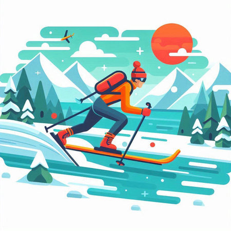 Skier skiing in the mountains. Vector illustration in flat style.のイラスト素材
