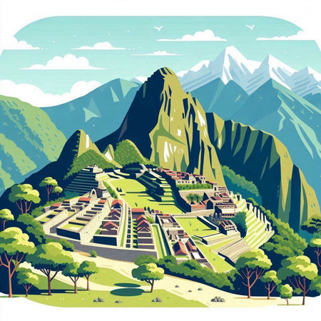 Landscape of the ancient city in the mountains. Vector illustration.のイラスト素材