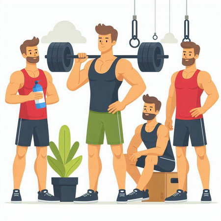 Fitness people, men and women doing exercises with dumbbells, vector illustrationのイラスト素材