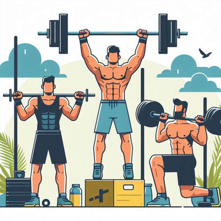 Bodybuilding and weightlifting concept. Vector illustration in flat style.のイラスト素材