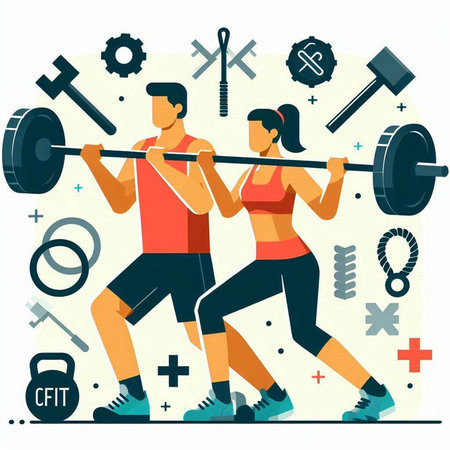 Vector illustration of man and woman in sportswear doing exercise with barbell. Fitness and healthy lifestyle conceptのイラスト素材