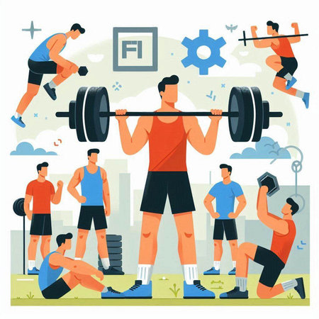 Fitness and healthy lifestyle vector illustration. Group of people doing workout with barbell, weight training.のイラスト素材