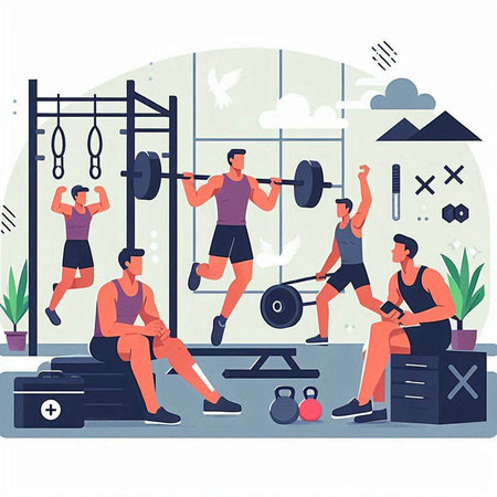 Fitness club. People doing exercises with barbells and weights. Flat vector illustration.のイラスト素材