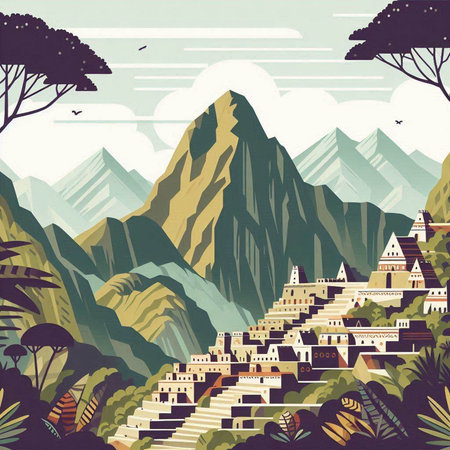 Himalayan village in Himalayas, Nepal. Vintage vector illustration.のイラスト素材