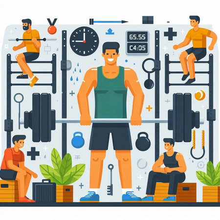 Fitness club, gym equipment and healthy lifestyle flat vector illustration.のイラスト素材