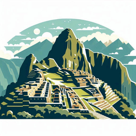 Mountain landscape with a view on the city. Vector illustration.のイラスト素材