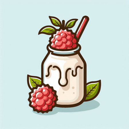 Raspberry smoothie in a glass jar with a straw. Vector illustration.のイラスト素材