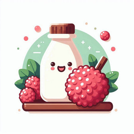 Lychee and milk bottle in cartoon style. Vector illustration.のイラスト素材