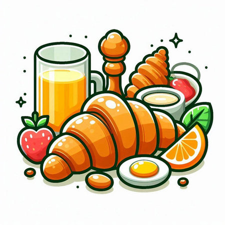 Breakfast with croissant, coffee, juice and fruits. Vector illustration.のイラスト素材