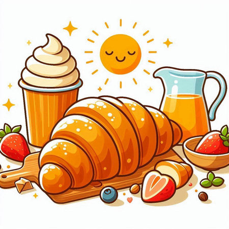 Breakfast with croissant, coffee and juice. Vector illustrationのイラスト素材