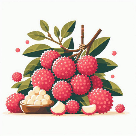 Lychee fruit vector illustration. Exotic tropical fruit isolated on white background.のイラスト素材
