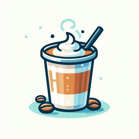 Coffee cup with whipped cream and coffee beans. Vector illustration.のイラスト素材
