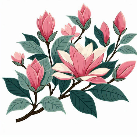Magnolia flowers with leaves isolated on white background. Vector illustration.のイラスト素材