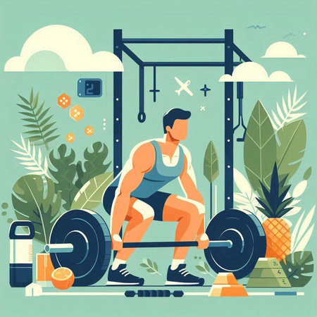 Fitness and sport flat vector illustration. Muscular man doing exercises with barbell.のイラスト素材