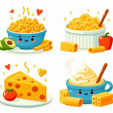 Illustration of a Set of Cute Cartoon Macaroni and Cheeseのイラスト素材