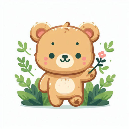 Cute teddy bear with flowers and leaves. Vector illustration.のイラスト素材