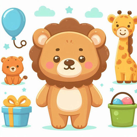 Cute cartoon animals with gift boxes and balloons. Vector illustration.のイラスト素材