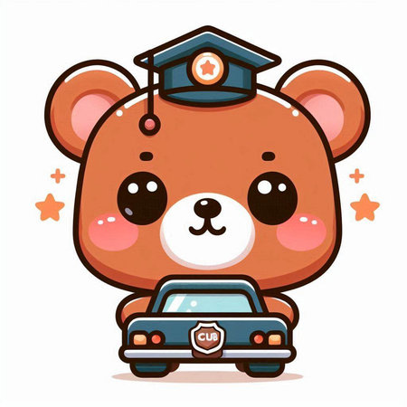 Cute cartoon teddy bear with police car. Vector illustration.のイラスト素材