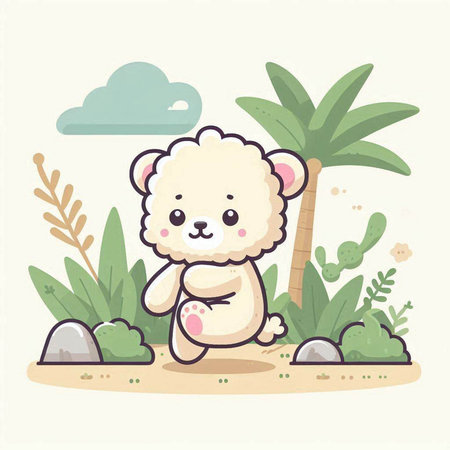 Cute cartoon sheep sitting on the ground in the park. Vector illustration.のイラスト素材