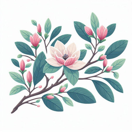 Magnolia branch with flowers and leaves isolated on white background. Vector illustration.のイラスト素材