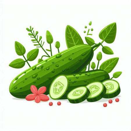 Cucumber with leaves and flowers isolated on white background. Vector illustration.のイラスト素材