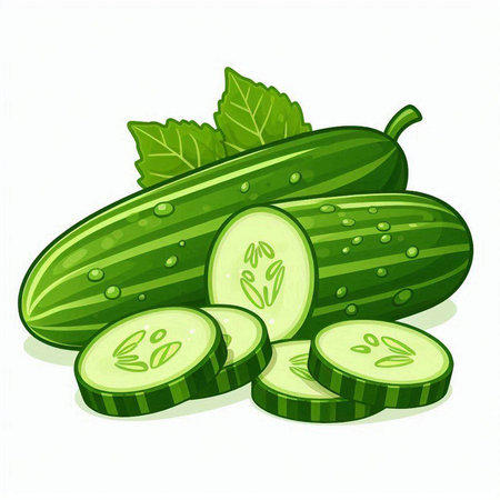 Cucumber and slices on a white background. Vector illustration.のイラスト素材
