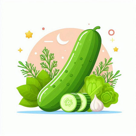 Cucumber, lettuce, garlic and dill. Vector illustration.のイラスト素材