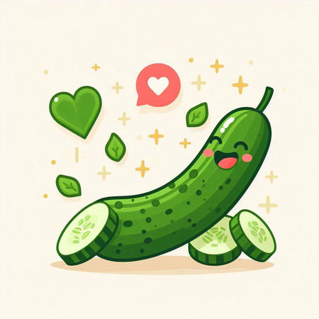 Cucumber character, vector illustration. Cucumber emoticon with heart and speech bubble.のイラスト素材